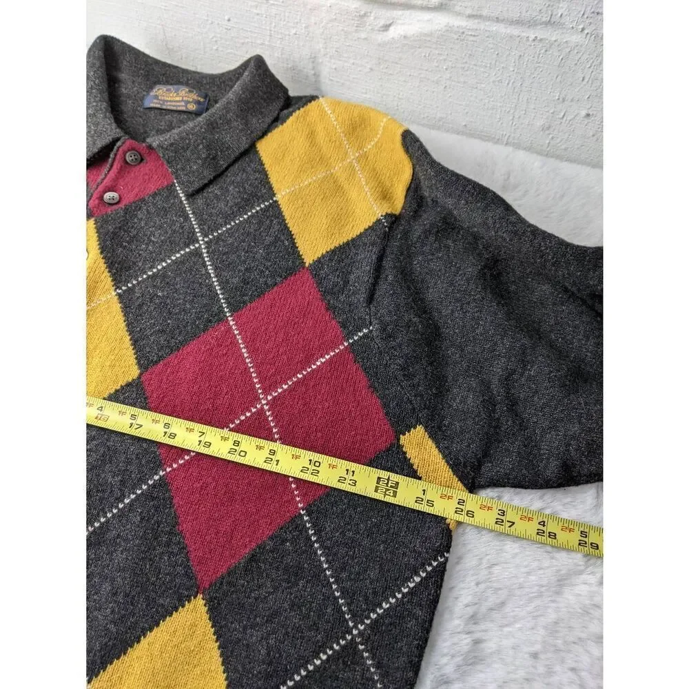 Brooks Brothers Sweater XL 100% LambsWool Long Sleeve Polo Gray Yellow Red Argyl
